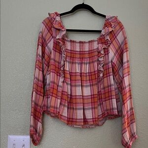 We The Free Plaid Ruffle Blouse - Pink and Orange
